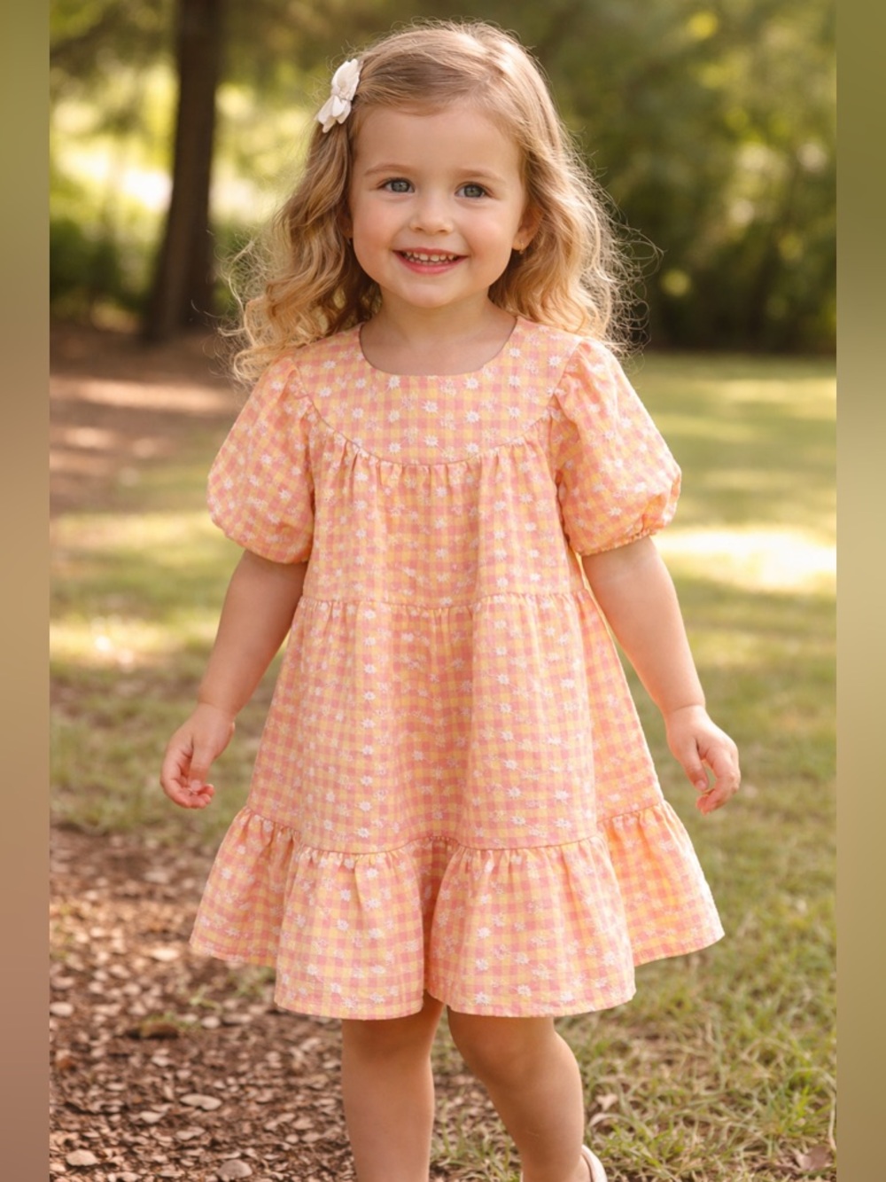 Zara Yellow and Pink Gingham Floral Puff-Sleeve Ruffled Dress